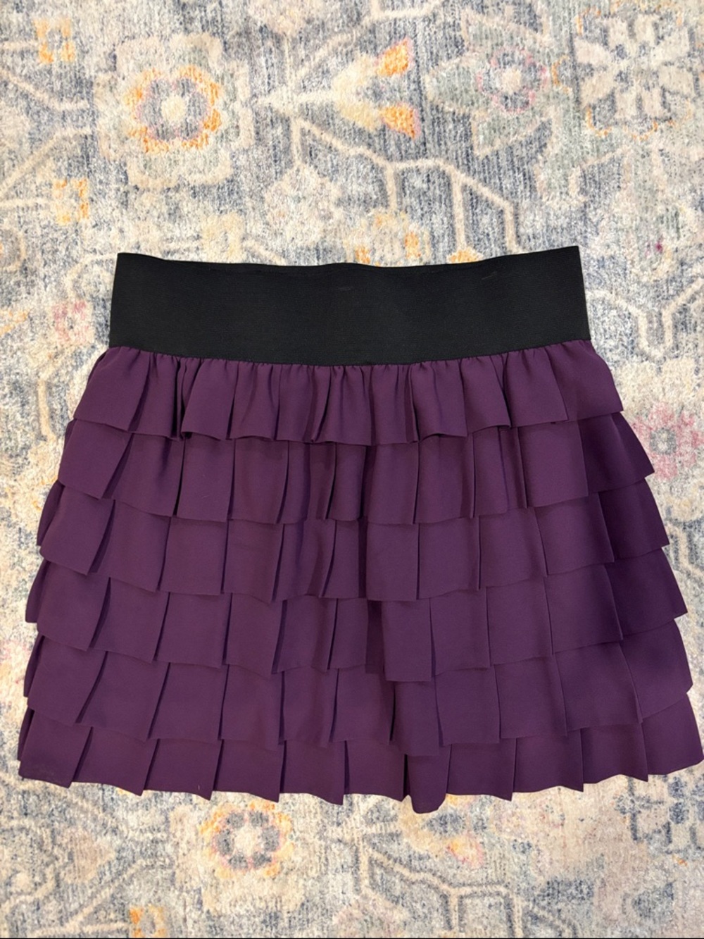 Anthropologie Purple Tiered Ruffle Mini Skirt with Black Waistband